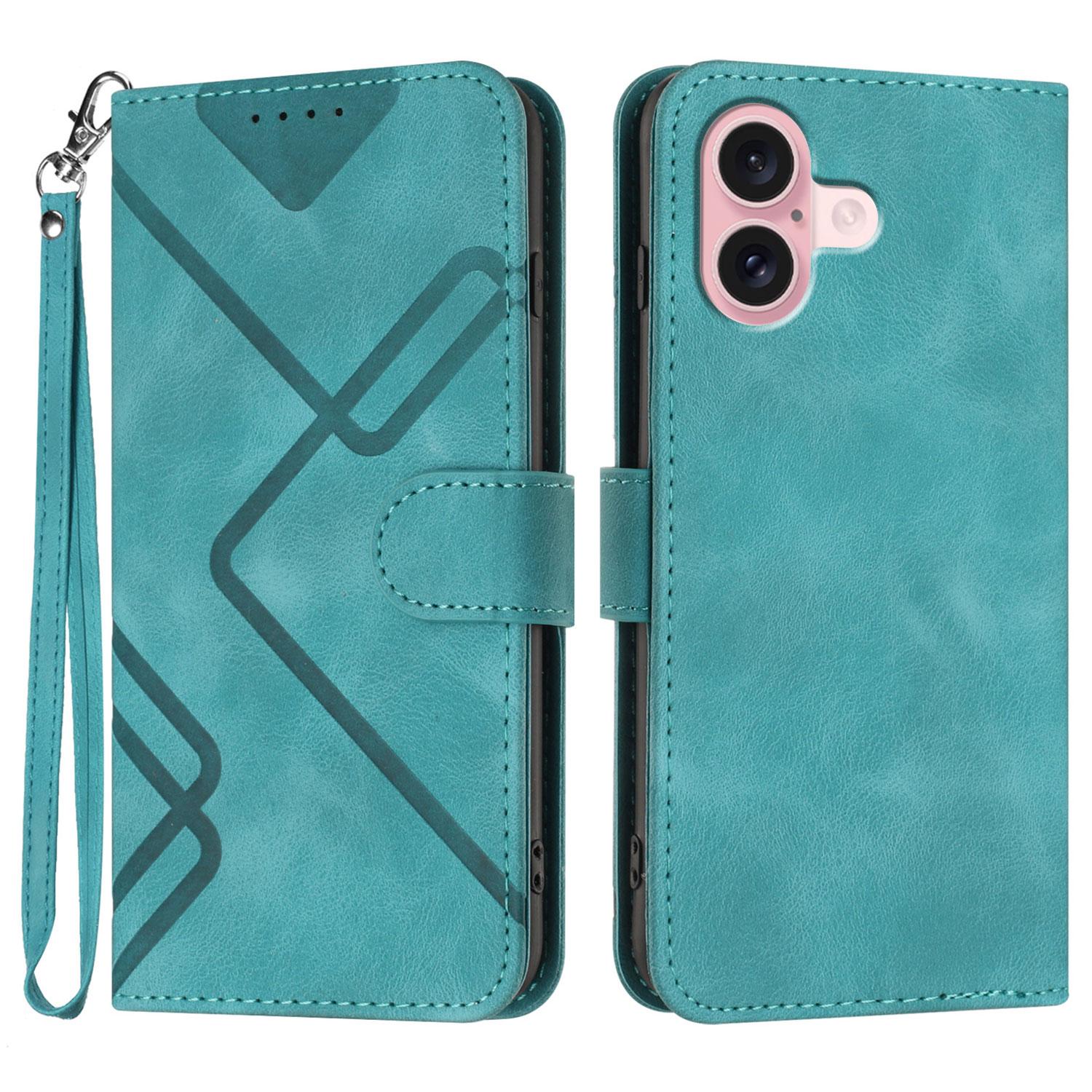 

For iPhone 16 Wallet Case Line Imprinted PU Leather Phone Cover with Strap Light Blue