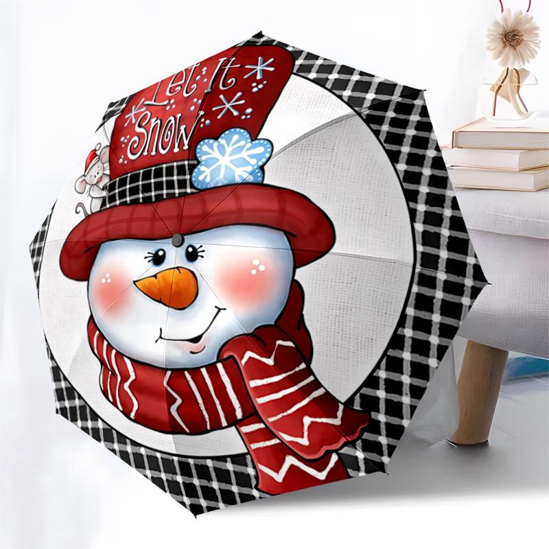 Let It Snow Winter Snowman Design Auto Open Close Umbrella - Foldable 3-Tier Design with 8-Bone Iron Frame, Perfect for Festive Gifts, Trave