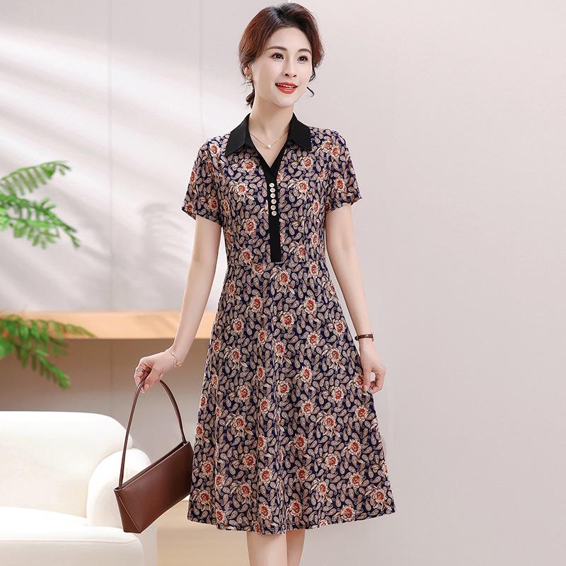 

Elegant Summer Lapel Slimming Dress for Middle-aged and Elderly Women Blue Paisley