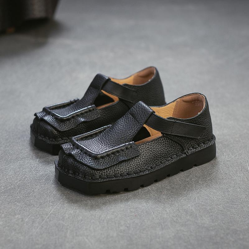 Johnature Square Toe Thick Soled Comfortable Commuter Women's Shoes Retro Genuine Leather Flats