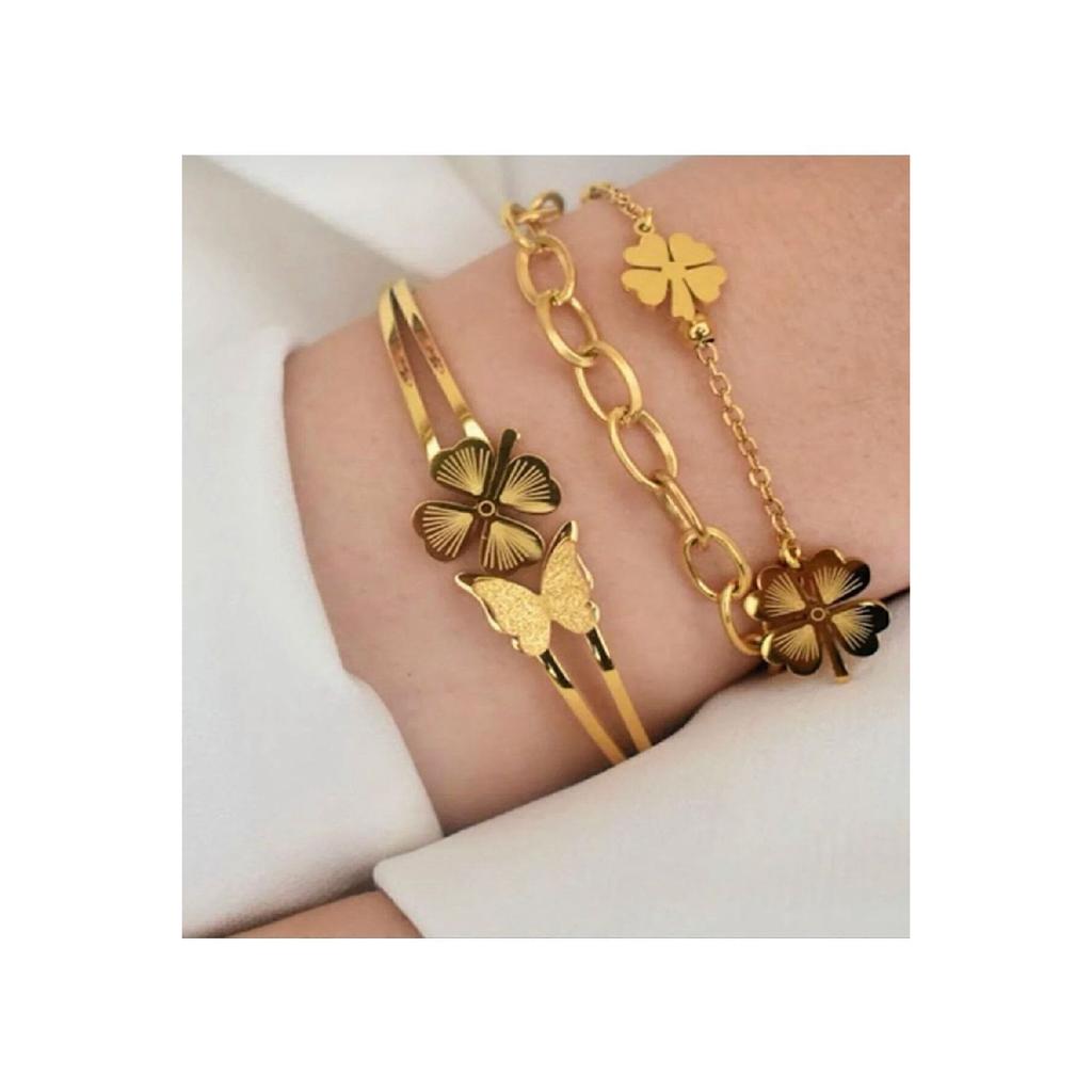 Women's Steel Butterfly Clover Handcuff Bracelet