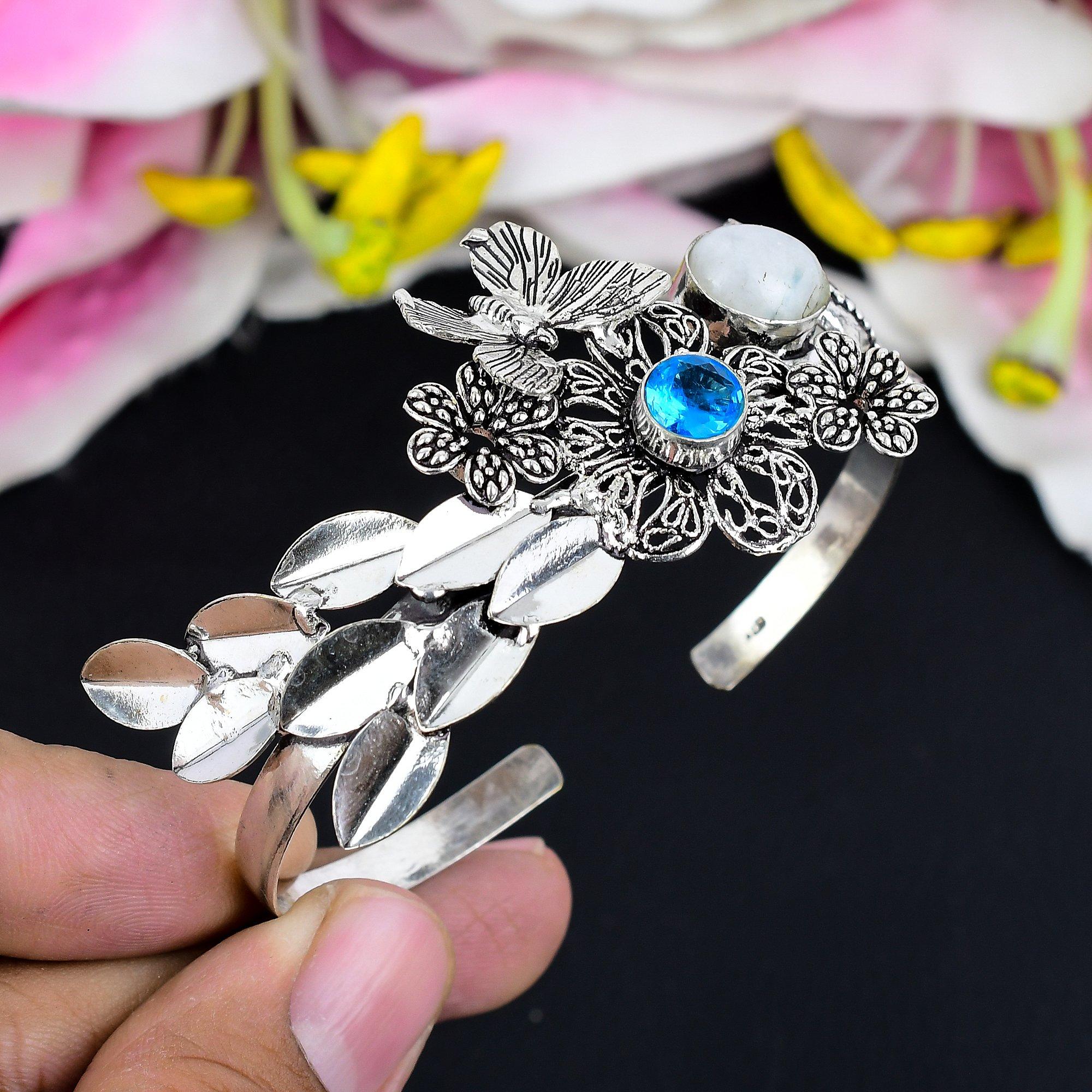 

Moonstone, Blue Topaz Gemstone 925 Sterling Silver Cuff Bangle Adjustable KG-1882