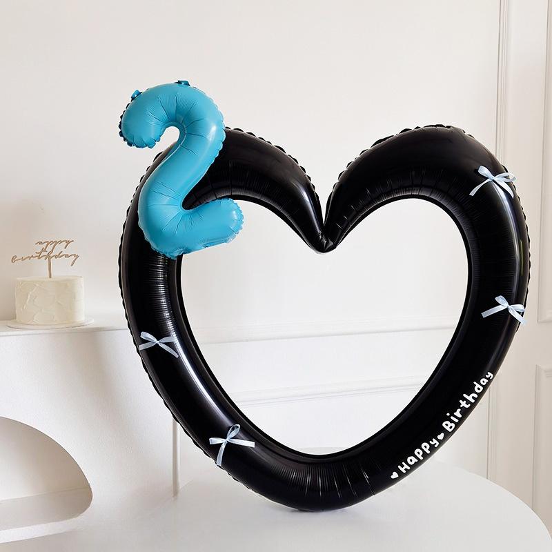 Heart Photo Frame Balloon Foil 0-9 Blue Number with Bowk Stickers for Blue Style Birthday Party Photo Props Wedding Ballon Decor