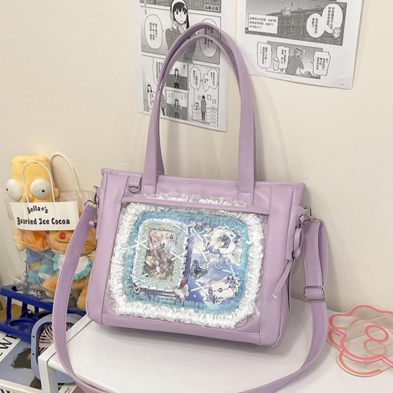 New PU Luxury Large Ita Bag with Insert Women High Quality Big Clear Window Shoulder Bag Anime Pin Display Girl Bow Handbags