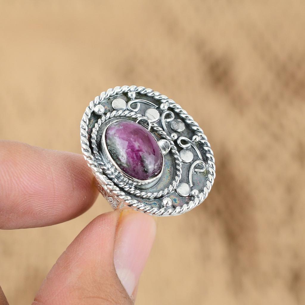 Natural Rhodonite Gemstone Promise Adjustable Ring 925 Sterling Silver For Girls