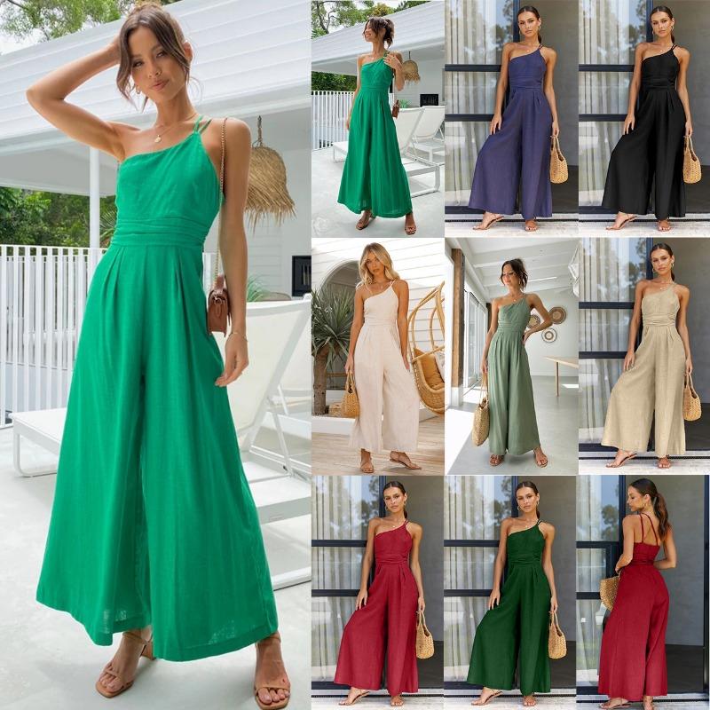 Women's Spring and Summer Solid Color Loose Wide Leg Cotton Hemp Jumpsuit