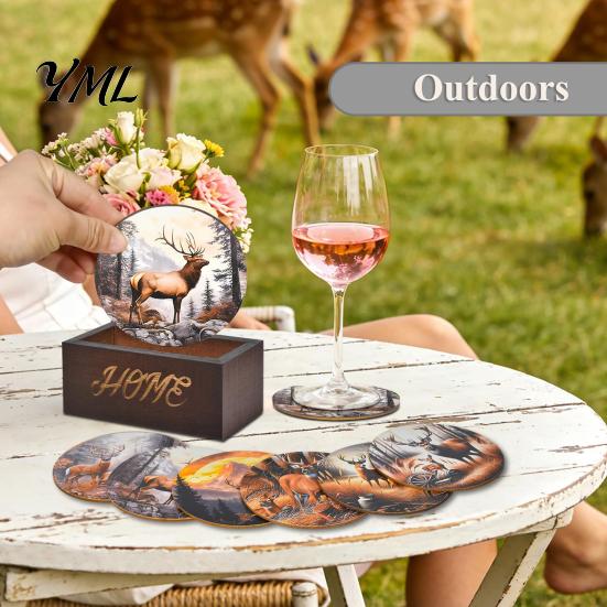 Protective Wood Mats for Tea Cups Retro Elk/Vinyl Record Coasters, Decorative Wooden Cup Mats, Insulated Table Wear Resistant Thermal Transfer