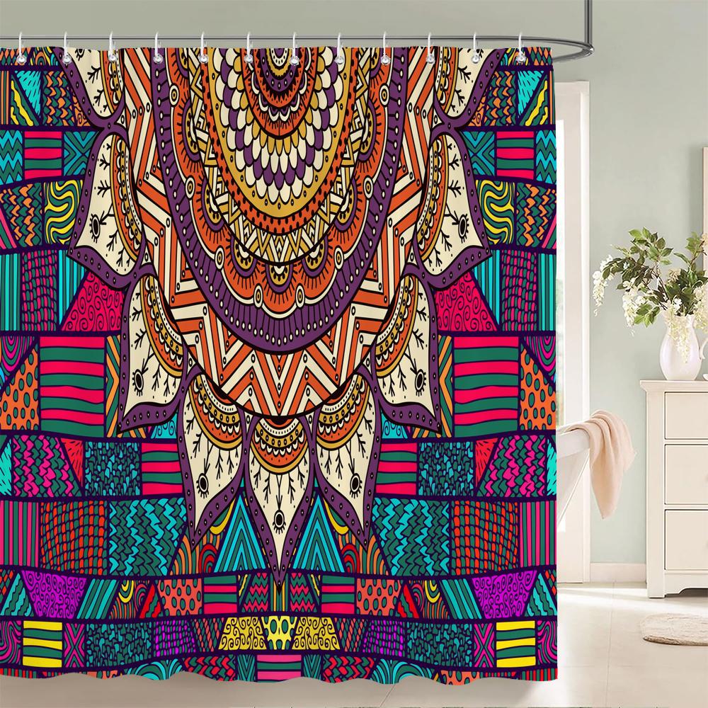 High Quality Indian Mandala Pattern Printed Fabric Shower Curtains Bohemian Bath Screen Waterproof Bathroom Decor with 12 Hooks