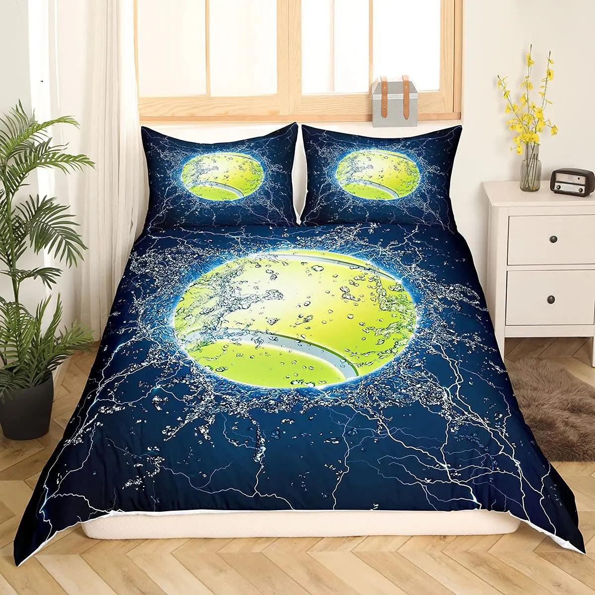 

Comforter Boys Sports Games Themed Comforter yellow Tennis Racket Sporting Equipment Bedding Set Tennis Court Print Comforter (quilt)-EU Single(135*200cm)3pcs