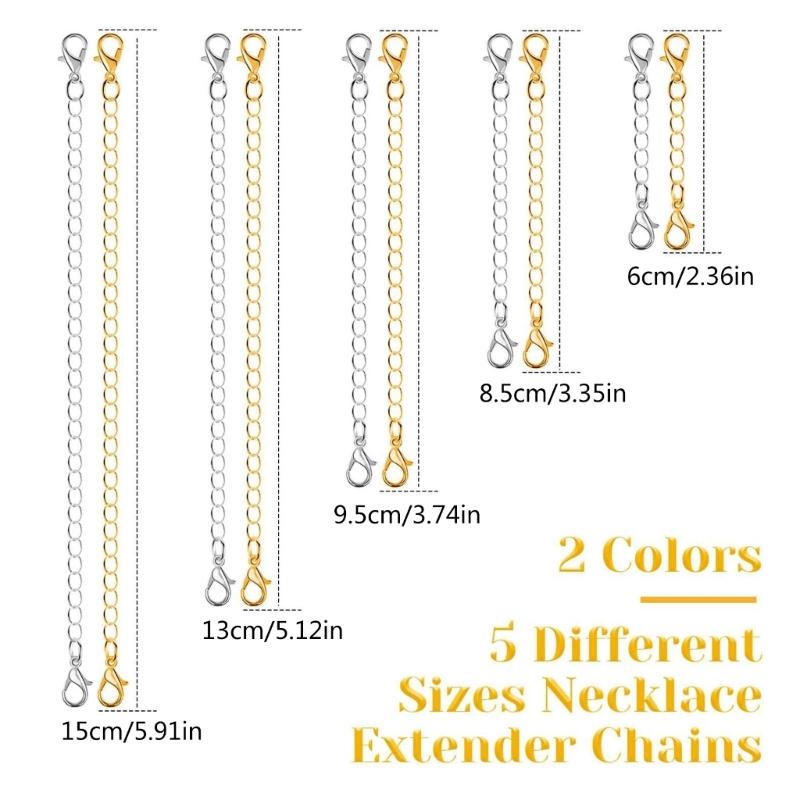 10Pieces Necklace Extenders Gold Silver Bracelet Anklet Extension Chains with Lobster Clasps and Closures 5/7/10/12/15cm