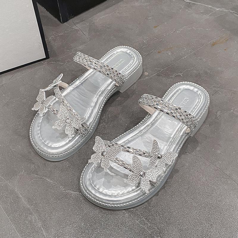 

Versatile height-increasing rhinestone butterfly summer fairy outer wear with skirt two wear sandals slippers thick-soled wedge heel one-word drag 40 серебряный