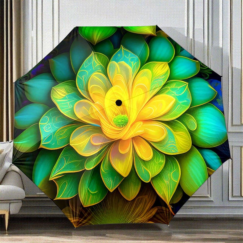 

Automatic Folding Umbrella with Vibrant Yellow & Green Floral Design - Portable Collapsible Umbrella, 8-Rib Sturdy Frame, Auto Iron&8K