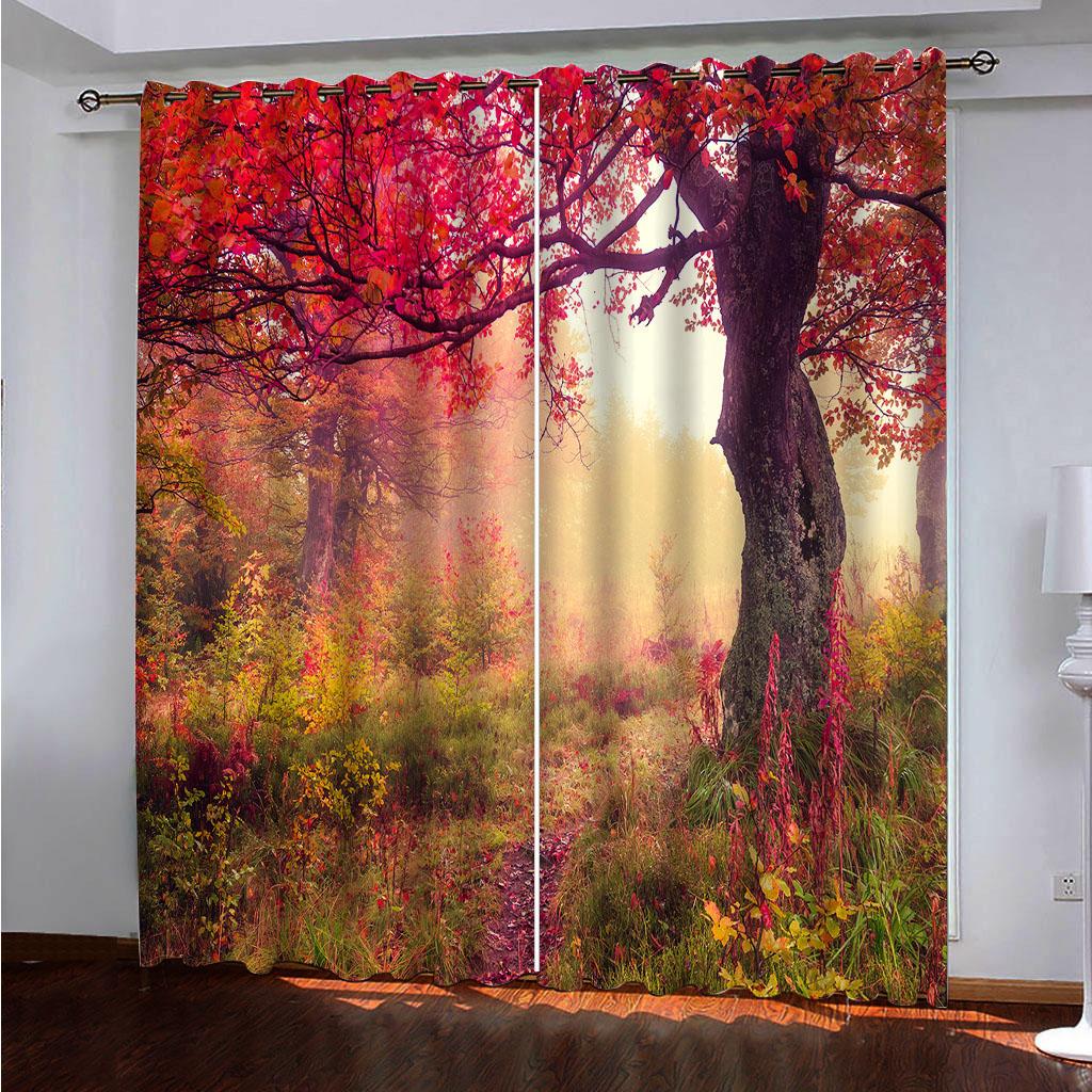 Ready-made Natural Senery Forest Sunset Thin Window Curtains For Kids Bedroom Living Room Bathroom Kicthen Door Hall Home2Pieces