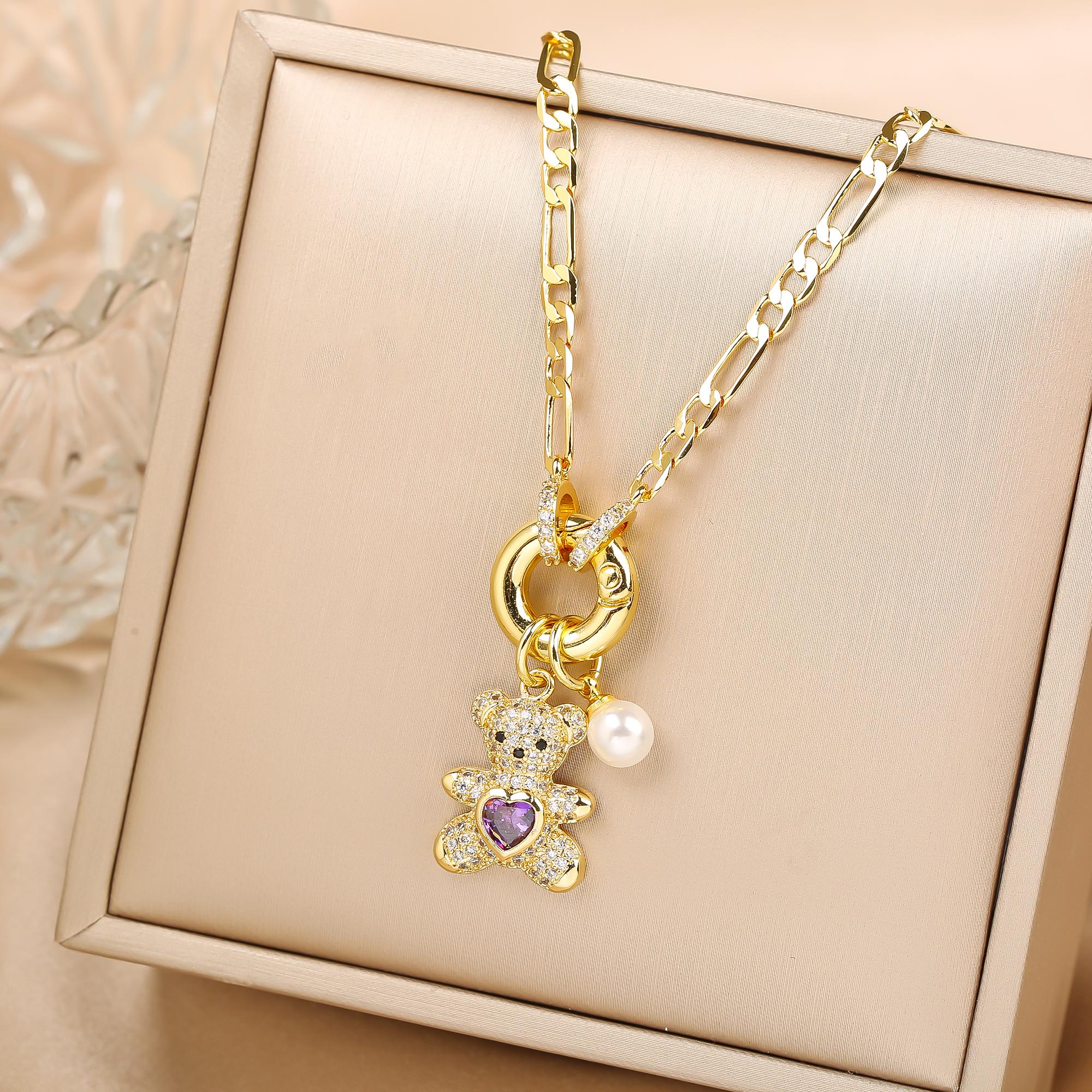 

High Quality Shiny Crystal Zirconia Animal Cute Bear Pendant Necklace Choker for Woman Girl Holiday Lock Bone Chain Zircon Gift
