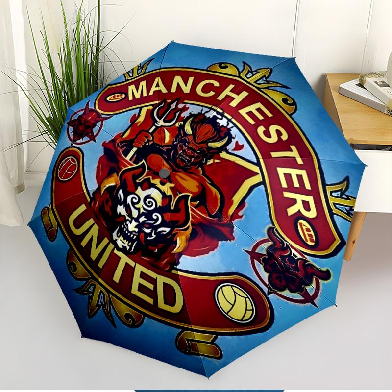 Manchester Football Print Automatic Open Close Umbrella, Portable Foldable Umbrella, for Outdoor Commute Camping Trip, Ideal Birthday Gift