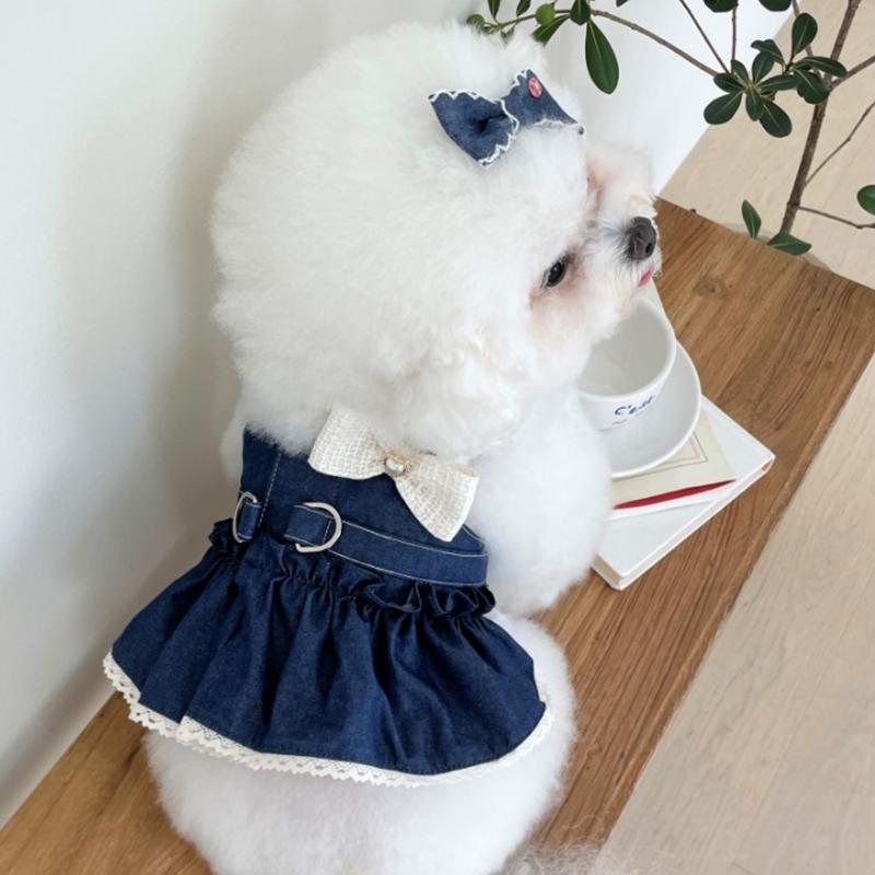 

Dog Denim Skirt Spring Summer Couples Dog Clothes Teddy Dress Puppy Breathable Clothes with Bow Pearl Applique XS（old）