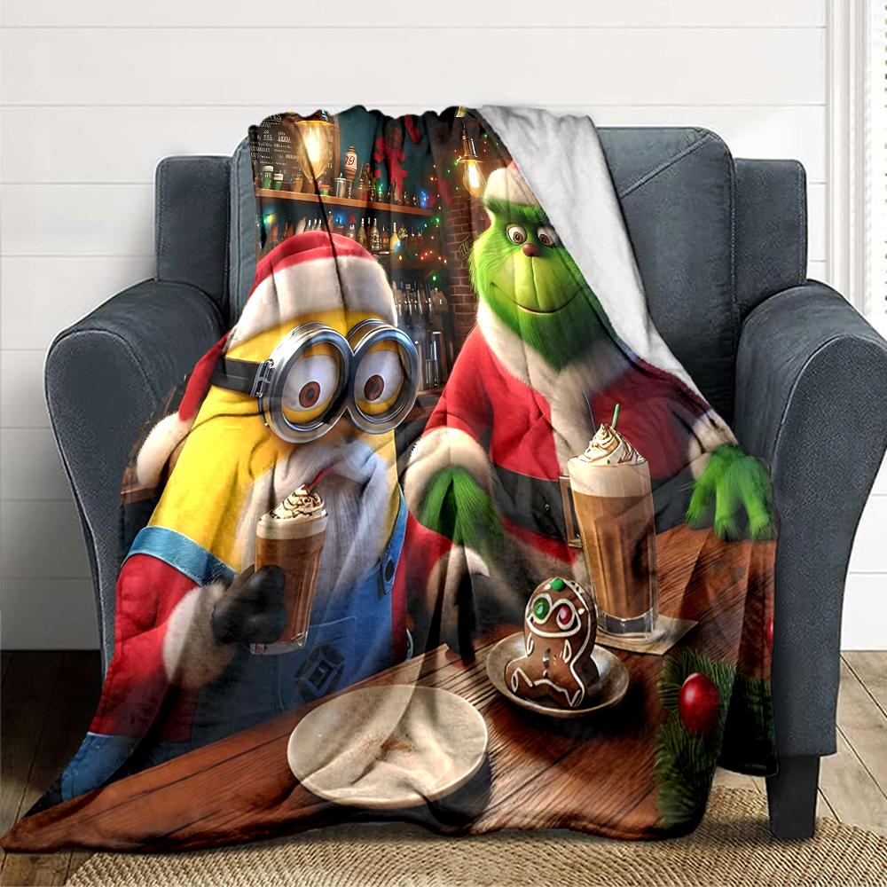 1Pc Christmas Minions Grinch Blanket Soft Throw Blanket For Home Bedroom Bed Sofa Travel Office Solid Christmas Blanket