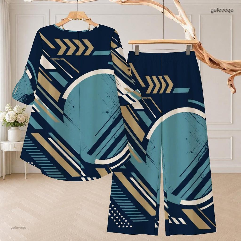 Women Plus Size Round Neck 3 4 Sleeve Printed High Low Top Long Pants Two Piece Set
