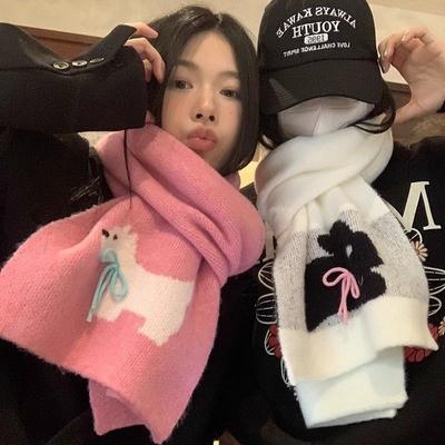 New Winter Warm Scarf for Women Rabbit Dog Cartoon Handmade Bow Winter Knitted Wool Imitation Cashmere