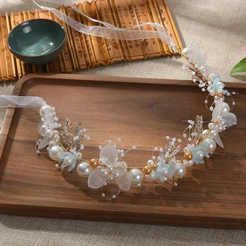 Elegant Girls Headband Imitated Pearl Hair Headdress Baby Girls Flower Wreath Bride Garland Head Hoop Wedding Hair Headbands