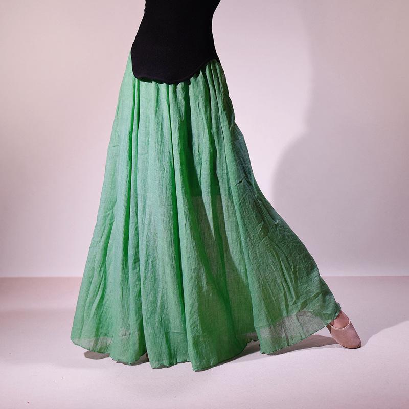 Women's Double Layer Cotton Linen Maxi Skirts Boho Solid Elastic High Waist Pleated A-Line Flowy Swing Long Maxi Skirts Soft Maxi Skirts for Women