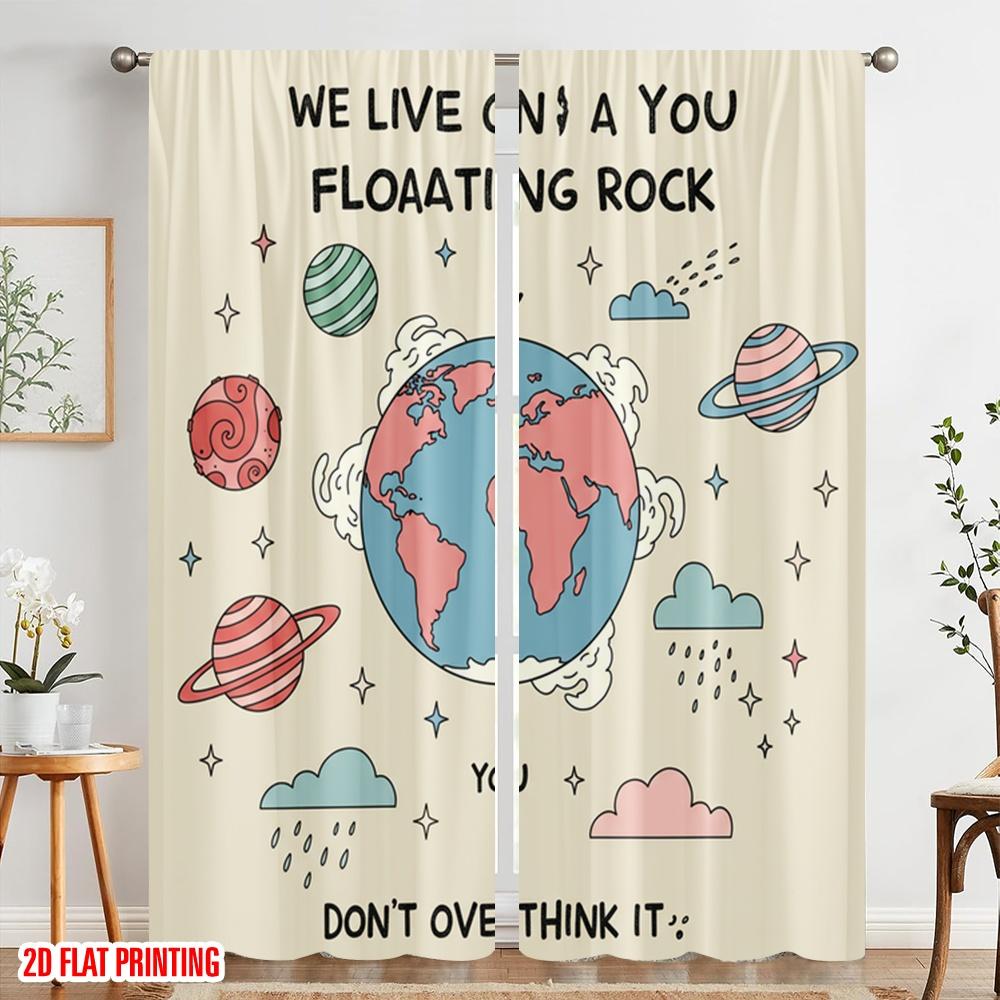 2pcs 2D Flat Printing Window Curtains Floating Rock Space Art 100% Polyester Without Electricity Holiday Decorations Perfect for