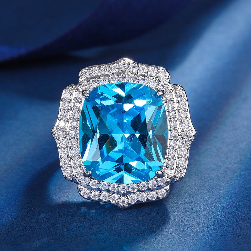 Jewelry Copper Bottom Gold-Plated Simulation Aquamarine Light Luxury Set Pendant 1 Ring 4 * 16 Earrings 12 * 14