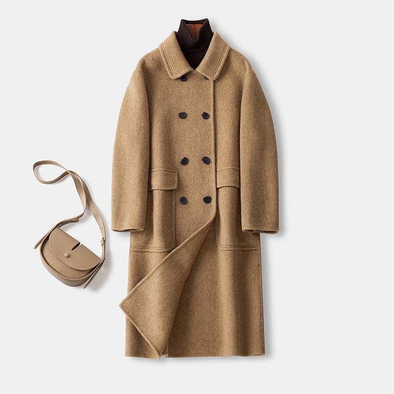 8803 New High-end Hand-sewn Silhouette Loose Double-sided Cashmere Coat Women's Camel Wool Thickened Wool Coat