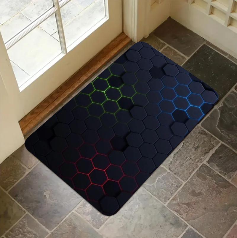 Hexagon Tech Print Door Mat Non Slip Absorbent Floor Mat Soft Washable Rug for Indoor Entryway Kitchen and Bathroom Use