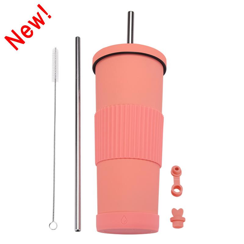 830Ml Stainless Steel Straw Cup Large Capacity Non-Slip Sleeve Straw Thermos Cup Simple Car Water Cup