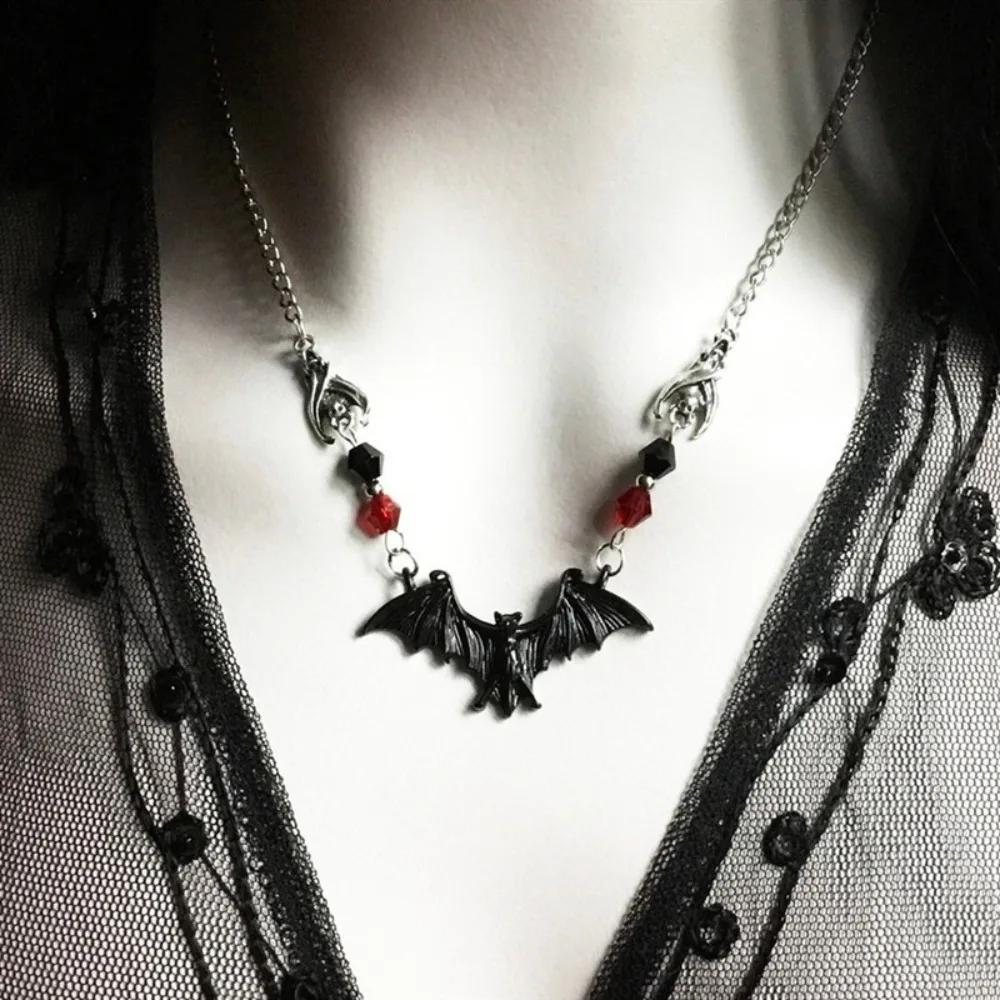 Gothic Personality Red Crystal Beads Vampire Black Bat Pendant Necklace for Women Men Hallowmas Party Collar Chain Jewelry Gifts
