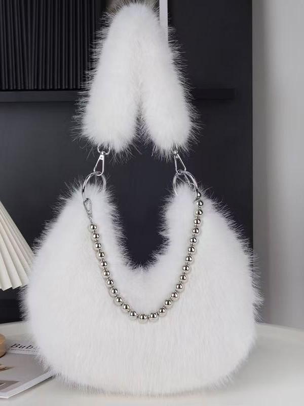 Autumn/Winter Faux Fox Fur Plush Shoulder Bag with Pearl Chain