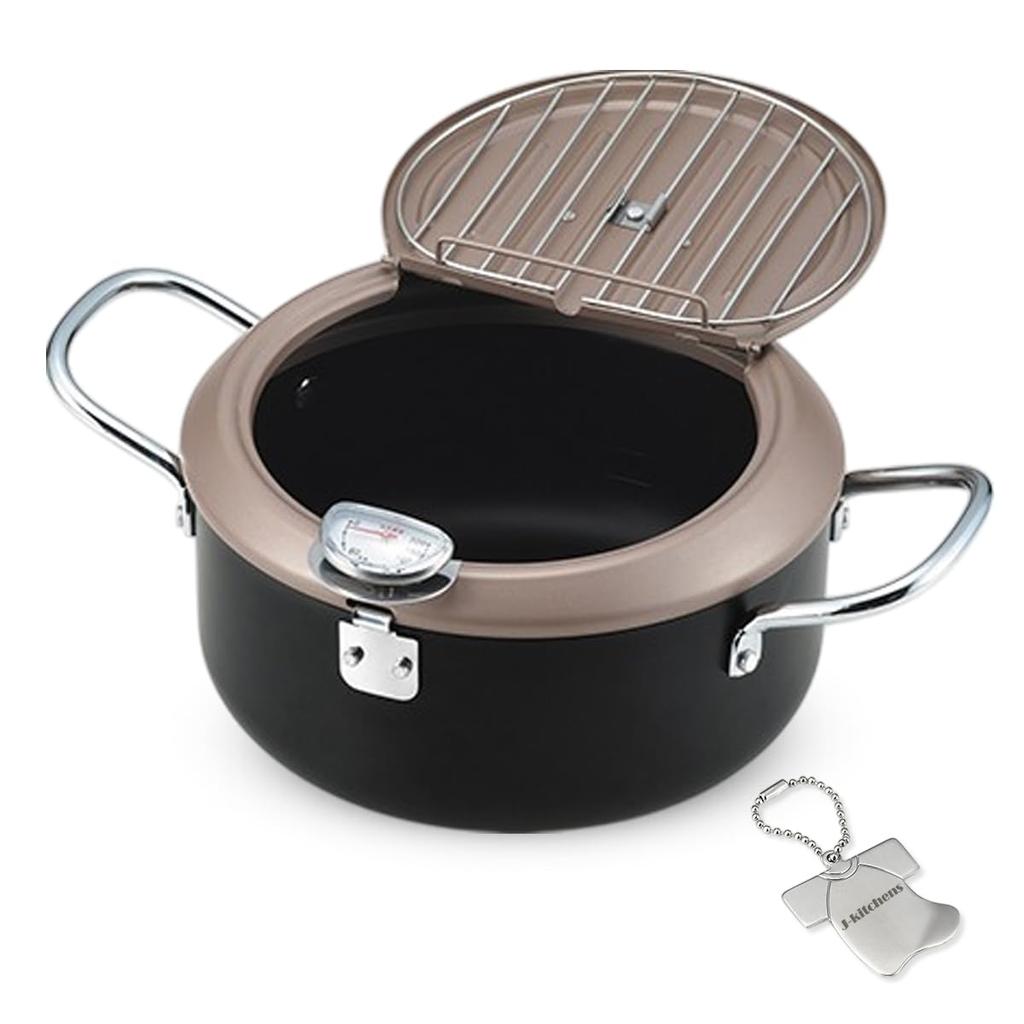 Tempuragryte med sprutbeskyttelse og oljeavløp Originalformet boksåpner inkludert J-kitchens Termometer, Funksjon, 20cm, T-skjorte