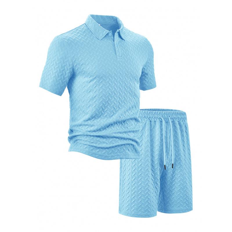 Summer Men's POLO Jacquard Solid Color Casual Loose Shorts Sports Set