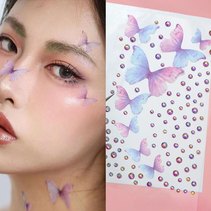 Neue Strass-Schmetterlings-Gesichtsaufkleber mit Perlen, temporäre Tattoo-Aufkleber, langlebig, wasserdicht, Glitzer-Lidschatten, Körper für Festival-Make-up