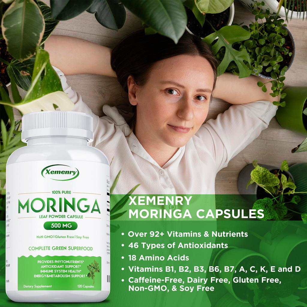Xemenry Moringa Powder Capsules support energy, skin, and gut health. Suitable for adults, vegan.