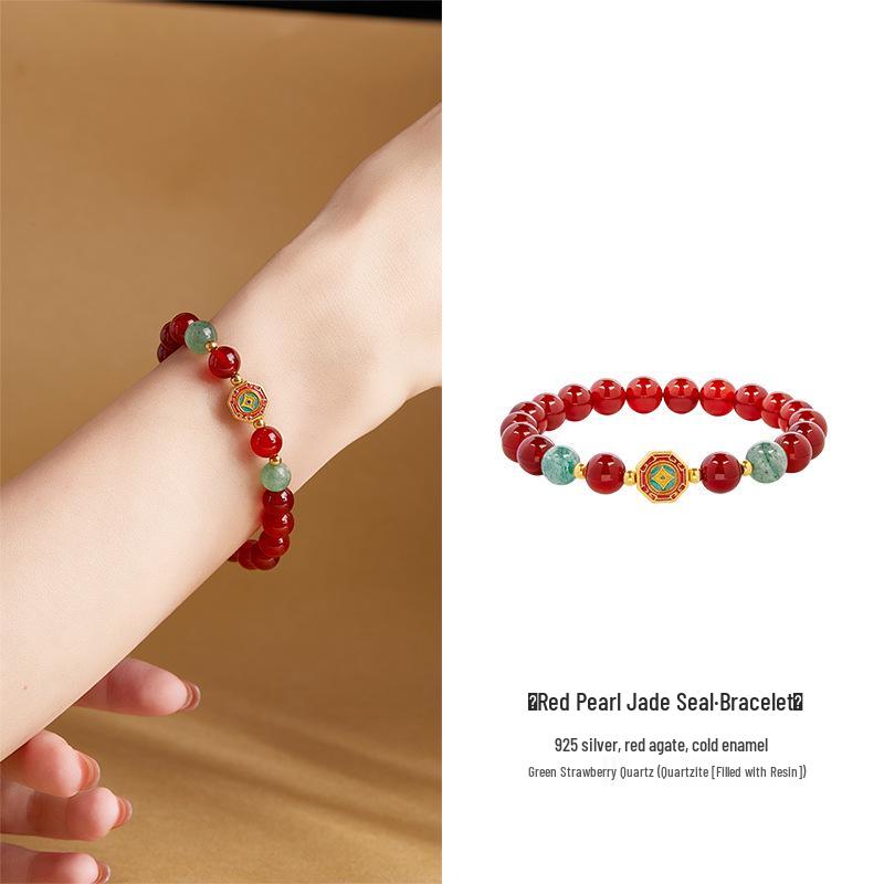 

Браслет из красного агата и зеленого клубничного кристалла с серебром стерлинговым S925 и эмалью, винтажные женские украшения высокого класса. S925 Silver