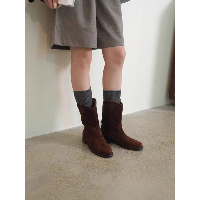 Maillard retro brown cowboy boots medium boots autumn and winter new matte western low heel short boots women