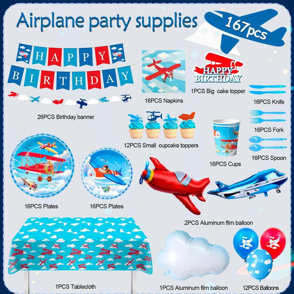 Airplane Birthday Party Decorations,167pcs Airplane Party Decorations Airplane Party Tableware Set Airplane Plates Napkins Cups Table Cloth Balloons