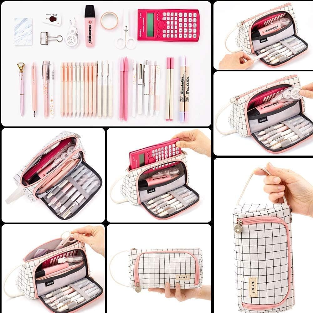 Velkokapacitní penály, multifunkční, pro střední školy, univerzity, kanceláře, studenty, chlapce, ženy, černý pléd (22*11*8 cm)