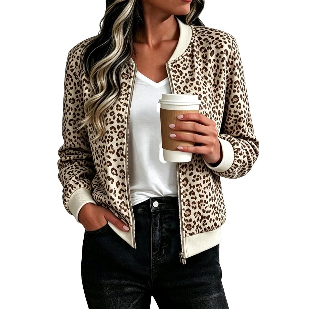 Women's Loose Fit Casual Zip-Up Jacket, Fashion Printed Short Coat for Fall and Winter