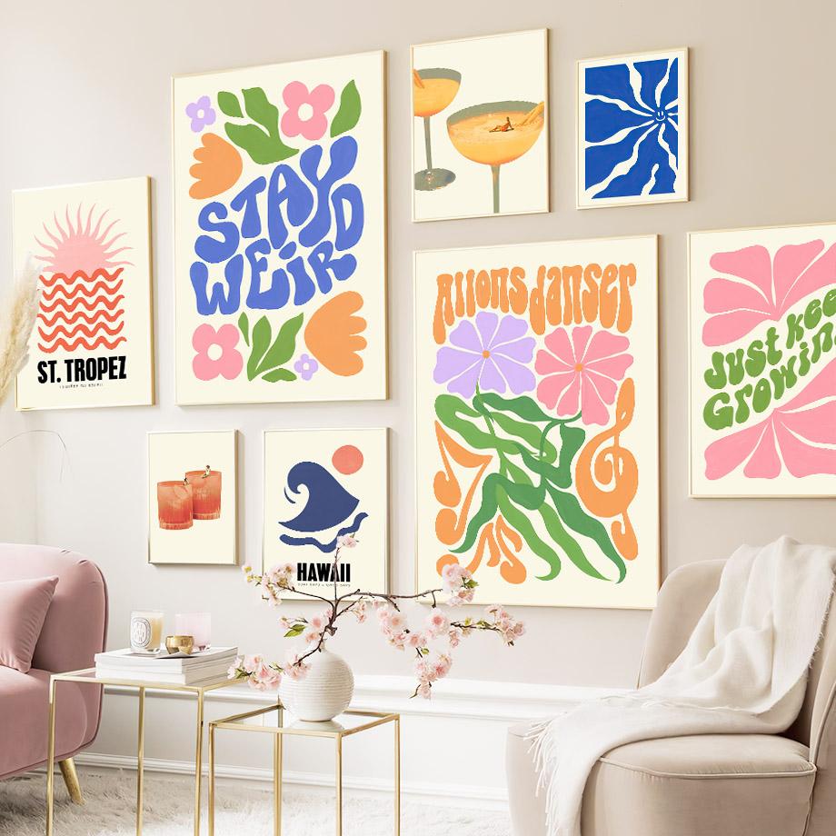 Pastellblumen Sonne Wellen Cocktail Minimalismus Wandkunst Leinwandmalerei Nordische Poster und Drucke Wandbilder Wohnzimmerdekor