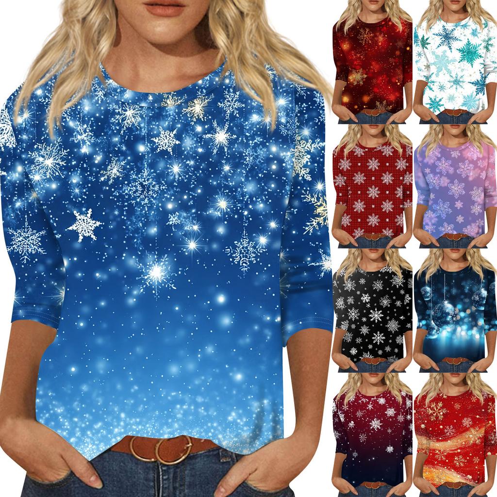 Women's Fashion Casual Christmas Tree Printed Round Neck Three-Quarter Sleeve T-Shirt Top