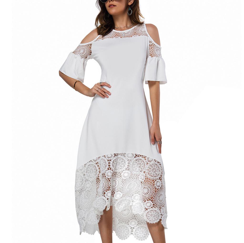 Women's Solid Color Lace Stitching Off-shoulder Short-sleeve  Waist Dress