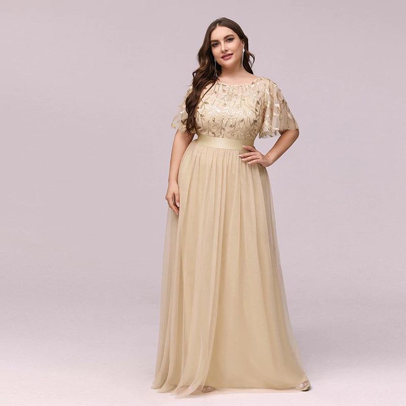 Elegant Plus Size Sequin Embroidered Evening Gown with Mesh Hem