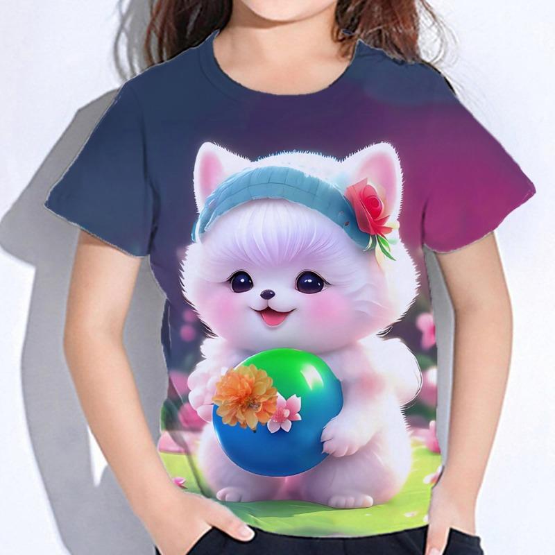 Abbigliamento per Bambini Ragazza T-shirt Manica Corta Stampa Gatto Cartone Animato 3D Vestiti Estivi per Bambini Moda Carina Abbigliamento per Ragazze Top in Poliestere