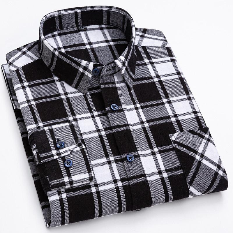 Men's Spring and Autumn Brushed Cotton Top Plaid T-shirt Casual Long Sleeve Turn Down Collar Shirt