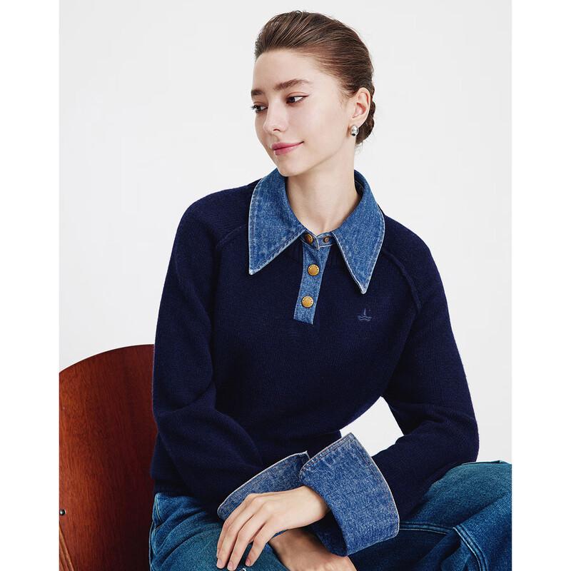 Navigare Women s Loose Wool Blend Sweater with Denim Patchwork M