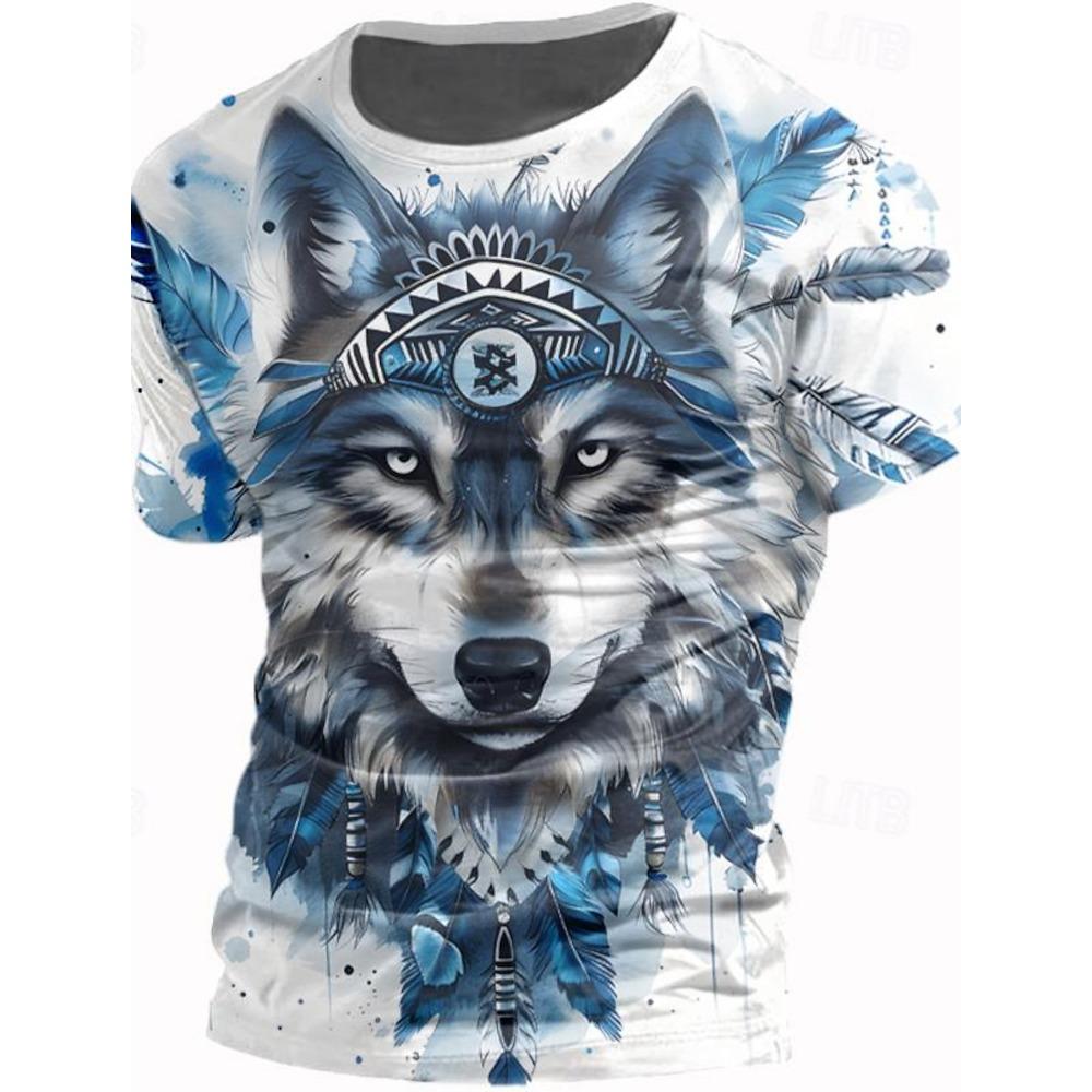 Animal Wolf Fashion Ethnic Athleisure Men's 3D Print T Shirt Tee Street Sports Outdoor T Shirt Crew Neck Shirt Summer Clothing