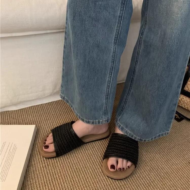 One Word Cool Slippers Women's Shoes 2025 Summer Korean Version Lazy Wind Woven Bohemian Vacation Cool Slippers Women's Shoes